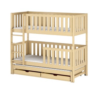 Drveni dječji krevet na kat Lea s tri kreveta i ladicom, 190 x 90 cm, svijetlo drvo