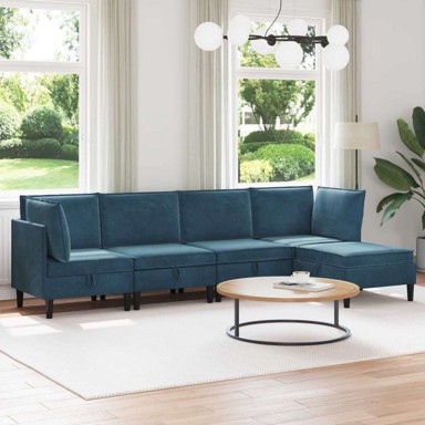 Set namještaja za dnevni boravak s jastukom, 2 kutna dijela, 2 srednja dijela i 1 stolić, baršun, plava, 5 komada