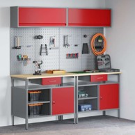 Set radnog stola s ladicama i policom (set 8 kom), 200 x 55 x 200 cm, crvena