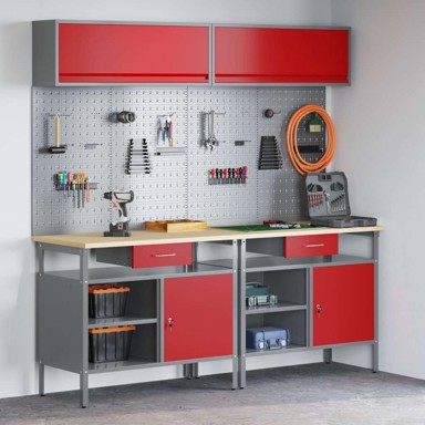 Set radnog stola s ladicama i policom (set 8 kom), 200 x 55 x 200 cm, crvena