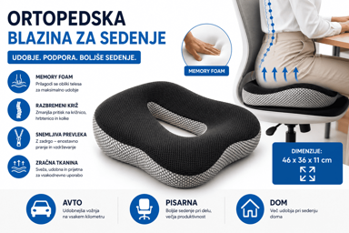 Malatec PREMIUM ortopedski jastuk za sjedenje od memorijske pjene, ergonomski