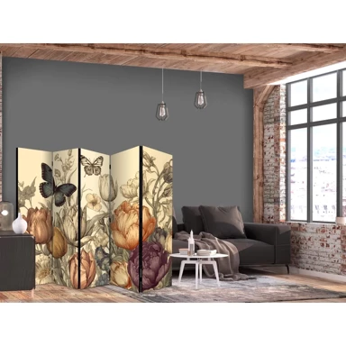 Paravan Tulipani u krem tonovima, Ilustracija cvijeća i leptira na svijetloj pozadini, 225 x 172 cm