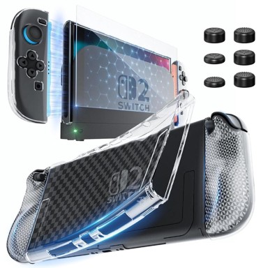 NIKCORP Torbica za Nintendo Switch 2 HEYSTOP Dockable Set, TPU, kaljeno staklo 9H, 6 navlaka za analoge, prozirna