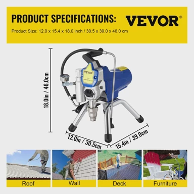 VEVOR Pištolj za prskanje zidne boje, ultra tihi, 2200 W, 3300 PSI, protok 2,5 l/min, crna