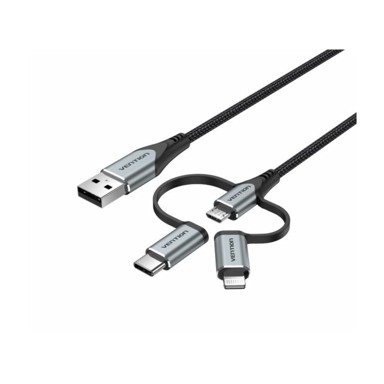 VENTION Kabel USB 2.0, sivi, 1.5m, USB-A muški na 3-u-1 Micro-B/USB-C/Lightning muški