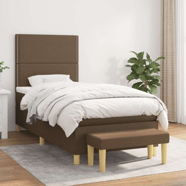 Boxspring krevet s oprugama i madracem 90 x 190 cm tkanina, obično s čavlima, tamno smeđa