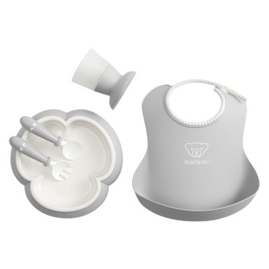 BABYBJORN Komplet za jelo Grey, podbradnjak/tanjur/čašica/žlica i vilica, sivi