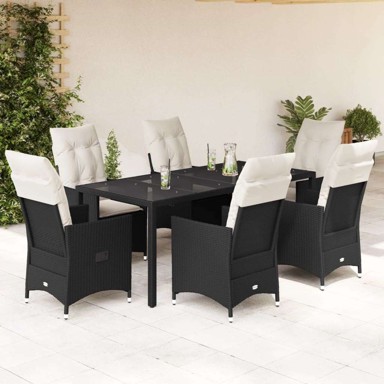 Vrtna garnitura, 7-dijelni vrtni blagovaonski set s jastucima, 190 x 80 x 75 cm, crna