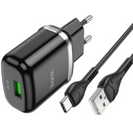 HOCO Zidni punjač Special N3, USB-A, 18W, 3A, s USB-A na Type C kabelom (1m), crni