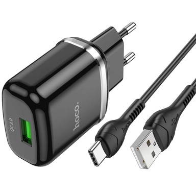 HOCO Zidni punjač Special N3, USB-A, 18W, 3A, s USB-A na Type C kabelom (1m), crni