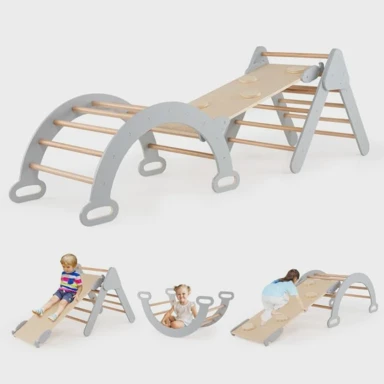 Penjalica drvena 4-u-1, s toboganom, lukom i okvirom s dvostrano rampom, siva