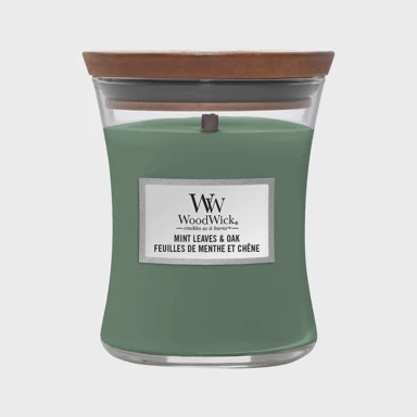 WOODWICK Svijeća classic medium mint Leaves & Oak