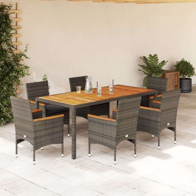 7-dijelni vrtni blagovaonski set s jastucima od poli-ratana i bagrema, stol 190 x 90 x 75 cm, siva
