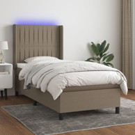 Krevet box spring s madracem LED smeđesivi 90x200 cm tkanina