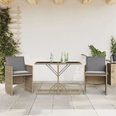 3-dijelni bistro set s jastucima, poli-ratan, boja drva, miješana bež