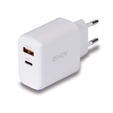 LINDY Punjač 73428, GaN, 65W, USB-C + USB-A, bijeli