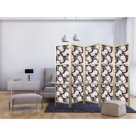 Japanski paravan Božuri – ružičasti cvjetovi i zeleno lišće na grafitnoj pozadini 225x172 cm