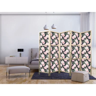 Japanski paravan Božuri – ružičasti cvjetovi i zeleno lišće na grafitnoj pozadini 225x172 cm