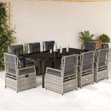 Vrtna garnitura, 9-dijelni vrtni blagovaonski set, siva od poliratana, 200 x 100 x 74 cm
