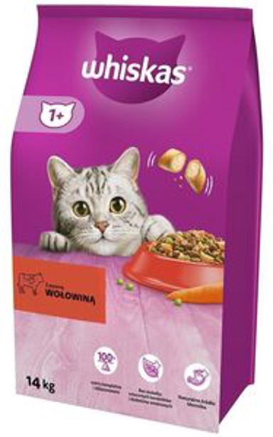 WHISKAS Hrana za mačke 1+, govedina, 14 kg