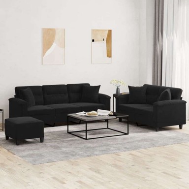 3-dijelni set sofa s jastucima i tabureom, mikrovlakna, crna