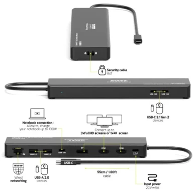 PORT Travel docking stanica USB-C, 9 uređaja, 1x 4K ili 3x FHD, PD 100 W