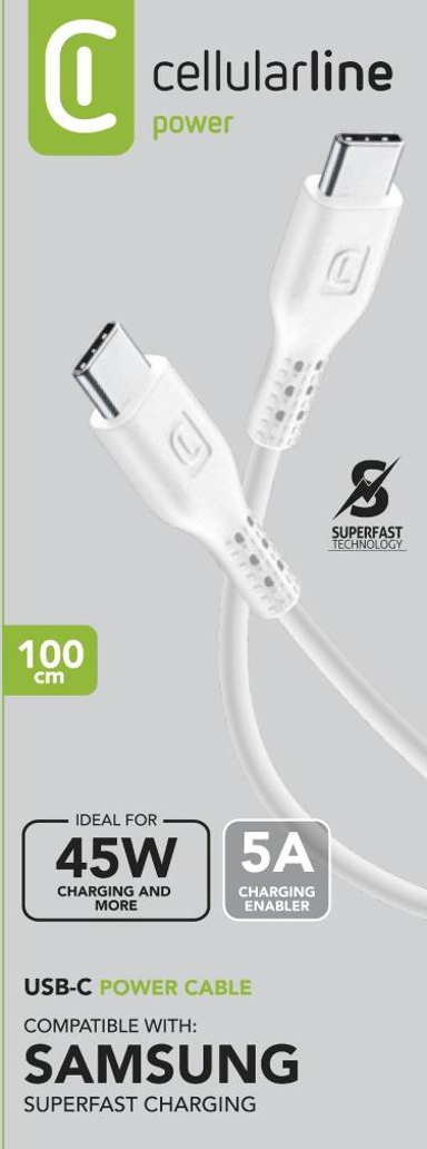 CELLULARLINE Kabel, USB-C na USB-C, 5A, 45W, 1m, bijeli