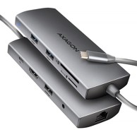 AXAGON Docking stanica HMC-8HLSA, USB-C, 3x USB-A, 1x HDMI, 1x RJ45, 1x microSD/SD, 1x audio, 1x USB-C PD, srebrni