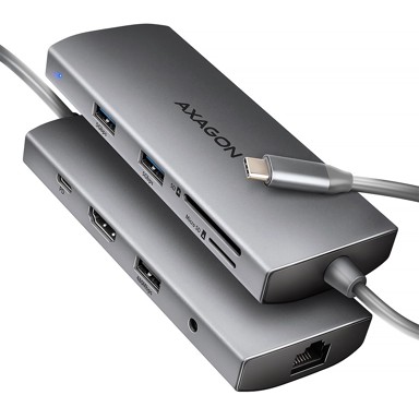 AXAGON Docking stanica HMC-8HLSA, USB-C, 3x USB-A, 1x HDMI, 1x RJ45, 1x microSD/SD, 1x audio, 1x USB-C PD, srebrni