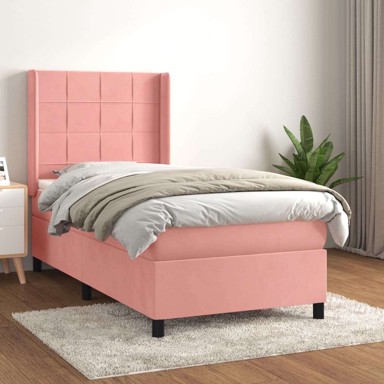 Box Spring krevet s madracem, ružičasti, 90x200 cm, baršun, blok s kvadratima