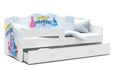 Drveni dječji krevet Neli s ladicom Frozen, 160x80 cm, PE madrac 8 cm, bijeli