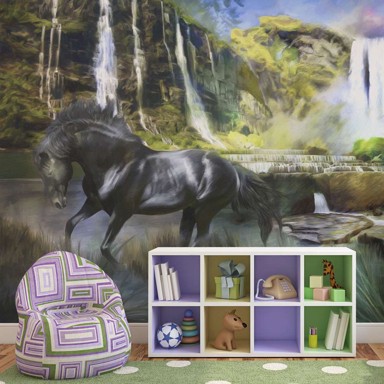 Foto tapeta Horse on the background of sky-blue waterfall 300x231