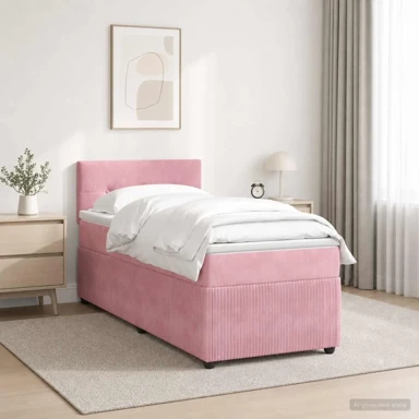 Boxspring krevet s madracem 90 x 190 cm od baršuna, prošiveno gumbima, ružičasti