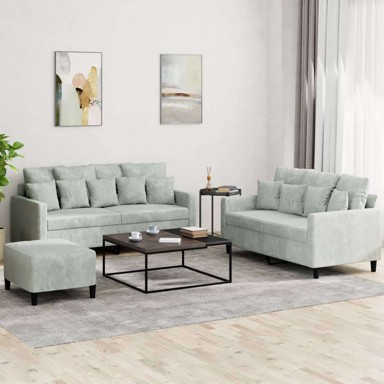3-dijelni set sofa s jastucima i tabureom baršunasti, svjetlosiva