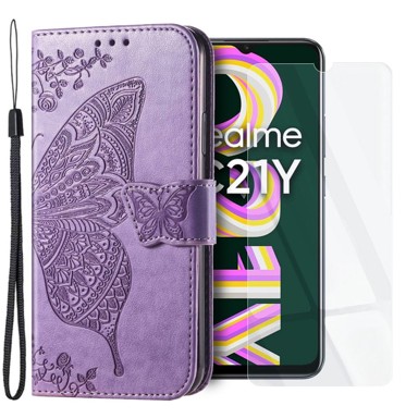Set preklopnih futrola za Realme C21Y / C25Y, leptir + staklo, ljubičasta