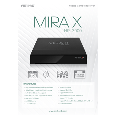 AMIKO Prijemnik MiraX Hybrid S2+T2/C HiS-3000 combo@Linux, FullHD, DVB-S2x2/T2/C, H.265