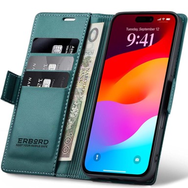OVERBOARD Sjajna liči futrola za Apple iPhone 17 Pro, novčanik s preklopom, zelena