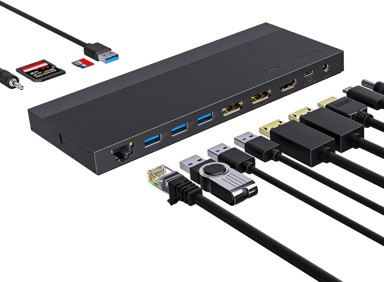 WAVLINK Priključna stanica, USB-C, 130 W DC, tri zaslona, dual DP i HDMI, gigabitni Ethernet, USB, SD/TF, audio