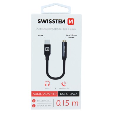SWISSTEN Audio kabel, stereo, USB-C na audio 3.5MM ženski, 15cm, crni