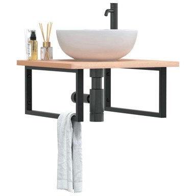 Zidna polica za lavabo-umivaonik, 60 x 60 x 2.5 cm, smeđa i crna, od čelika i masivne bukovine