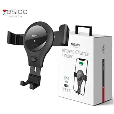 YESIDO Držač za mobitel s bežičnim punjenjem C45, crni, gravitacijska ručka za ventilacijski otvor, 10 W