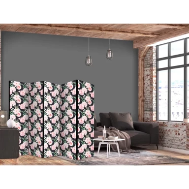 Paravan Božuri, Ružičasti cvjetovi i zeleno lišće na grafitnoj pozadini, 225 x 172 cm