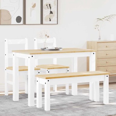 Blagovaonski set PANAMA, 4-dijelni, masivna borovina, klupa 117 cm + 2 stolice, bijeli