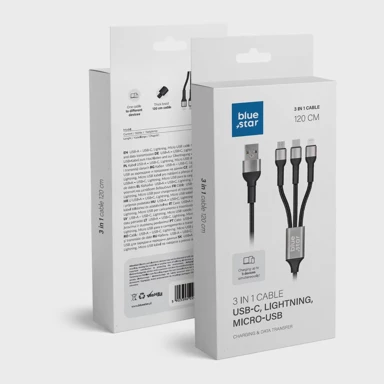 BLUE STAR 3-u-1 pleteni kabel s mikro USB kabel, USB kabel C i Lightning, 3 A