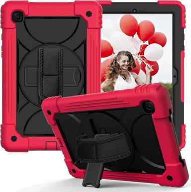 NIKCORP Zaštitna maska za Samsung Galaxy Tab A 10.1 s rotirajućim stalkom i naramenicom trostruka zaštita, crvena