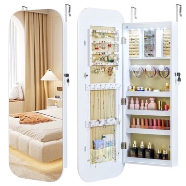 NORTHIX Ormarić za nakit s LED ogledalom pune dužine, zidni, 107 cm, MDF, bijeli