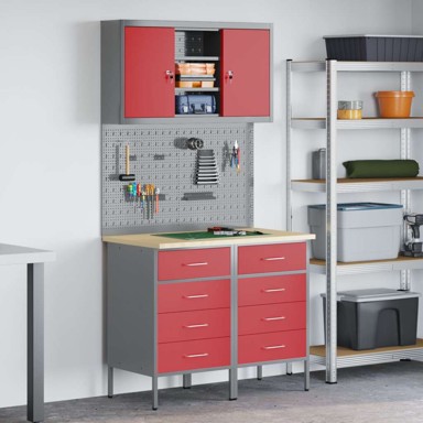 Set radnih ormarića s ladicama i pohranom (set 5 kom), 100 x 55 x 200 cm, crvena