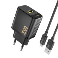 DUDAO Punjač zidni USB-A s USB-C kabelom 25W, crni