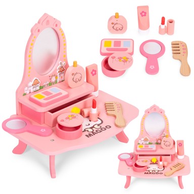 ECOTOYS Dječji drveni stolić za uljepšavanje, ogledalo, ladica, 7 dodataka