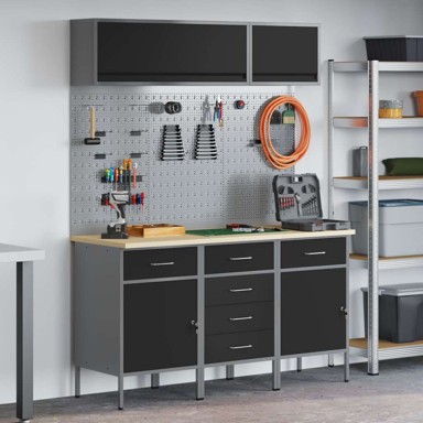 Set radnih ormarića s ladicama i pohranom (set 8 kom), 150 x 55 x 200 cm, crna